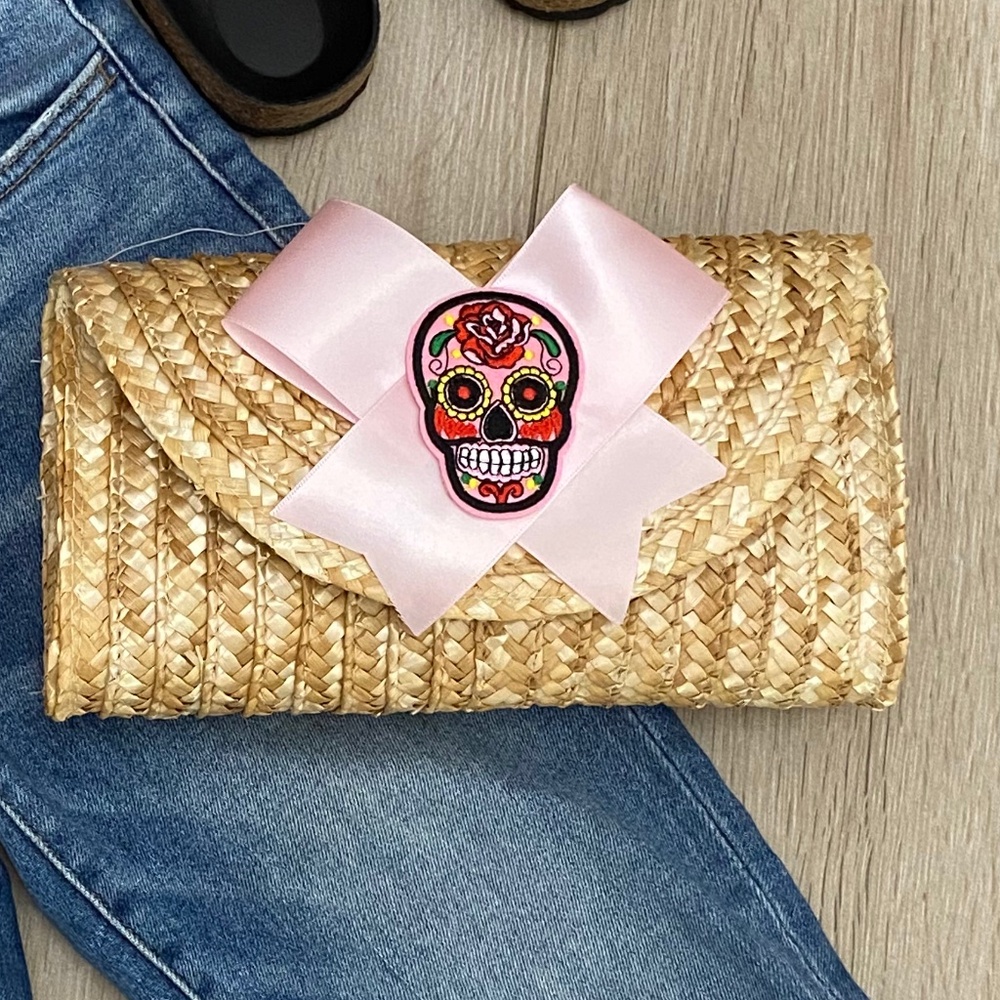 Rattan Straw Clutch with Pink Bow and Sugar Skull
